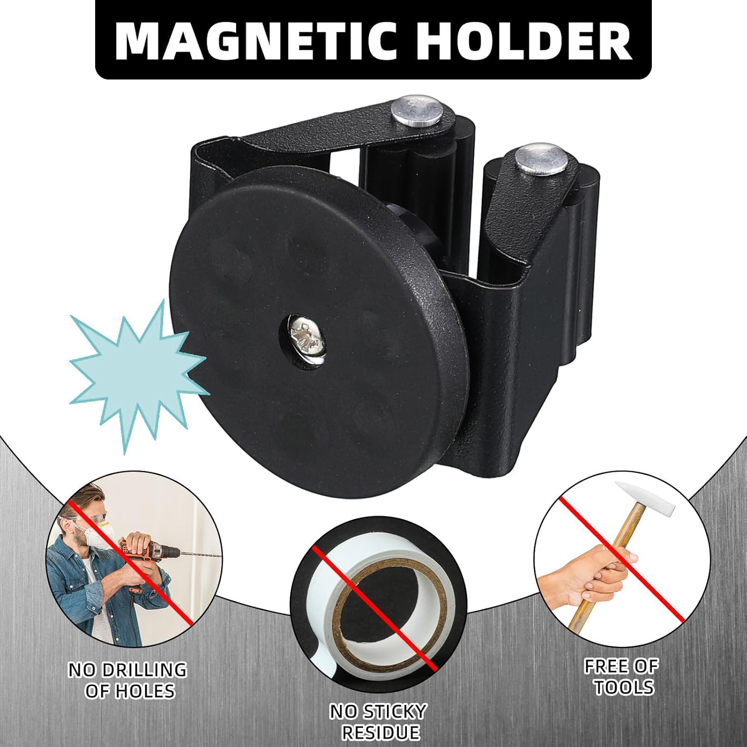 Vercraft Magnetic Mop Broom Holder - Movable Anti-Slip Wall Mount for Cleaning Tools | Black, 2 Pcs