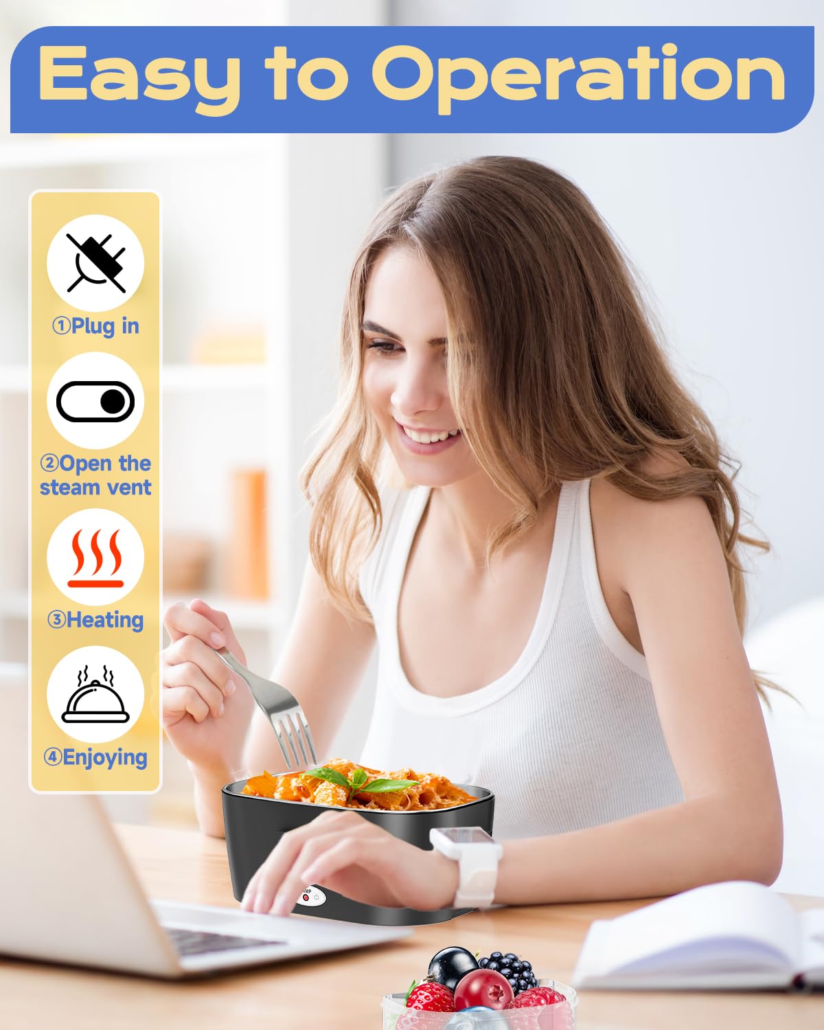 FERVINOW Cordless Electric Lunch Box for Adults – Battery-Powered Heated Lunch Box with 1.2L Stainless Steel Container, Timer Function, and Leak-Proof Food Warmer for Work, Travel & Office(BK)