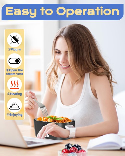 FERVINOW Cordless Electric Lunch Box for Adults – Battery-Powered Heated Lunch Box with 1.2L Stainless Steel Container, Timer Function, and Leak-Proof Food Warmer for Work, Travel & Office(BK)