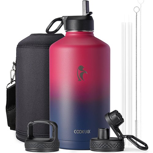 Coolflask 128 oz Gallon Water Bottle Insulated with Straw&3 Lids, Water Jug Large Stainless Steel Metal Vacuum Wide Mouth for Sports, Gym or Office, Non-BPA Keep Cold 48H Hot 24H, Ombre Wine/Navy