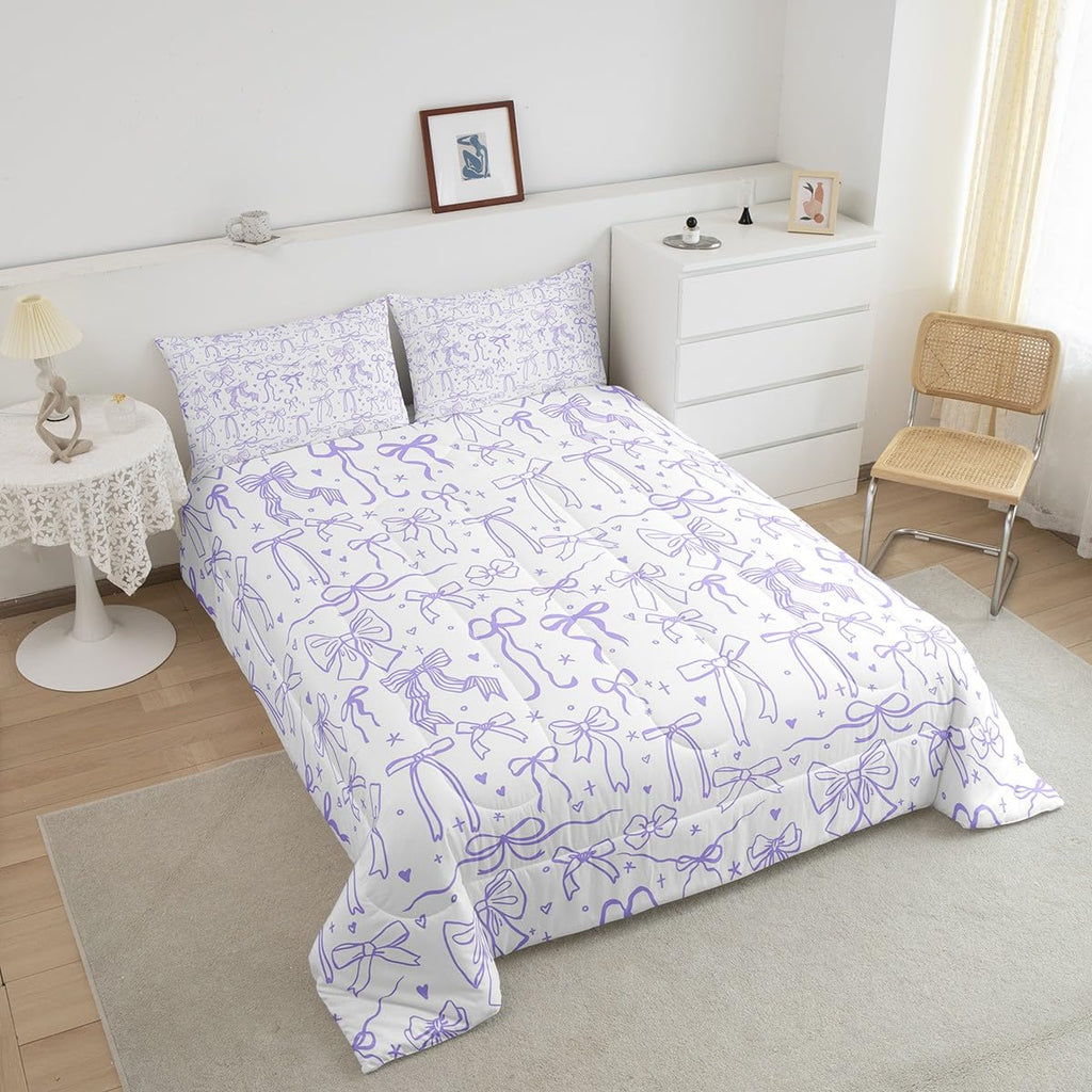 Purple Bowknots Comforter Set Full Size,Cartoon Hand Drawn Stars Love Bow Bedding Set,Kawaii Princess Style Quilt Set for Kids Girls Women Teens Room Decor,Romantic Duvet Insert,2 Pillowcases