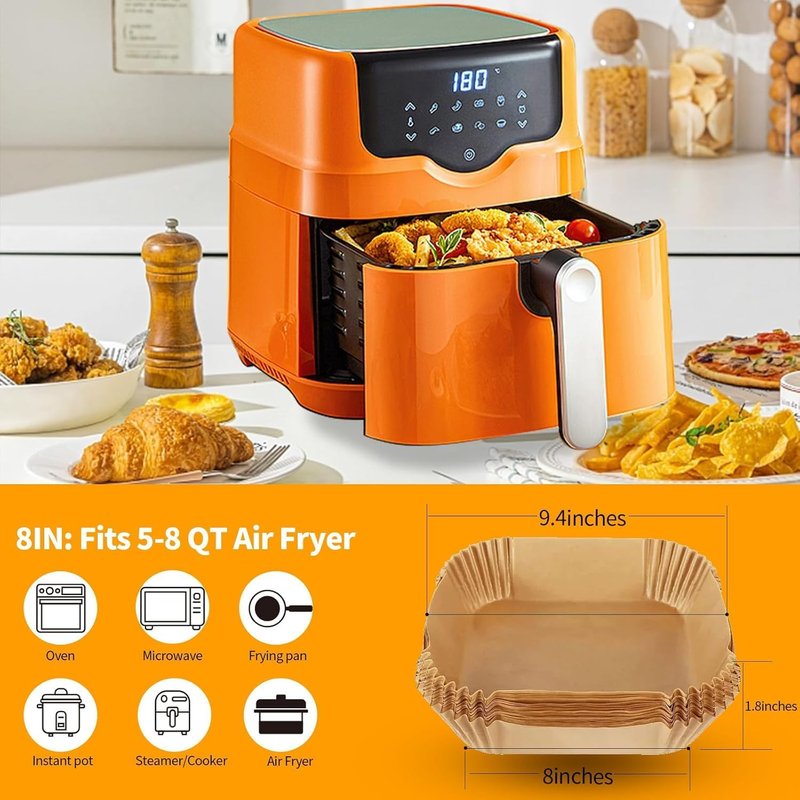 Air Fryer Liners 200Pcs, 8.7" Square Parchment Paper Liner for Air Fryer, Baking, Roasting and Microwave, Non-Stick Disposable Airfyer Liners Accessories