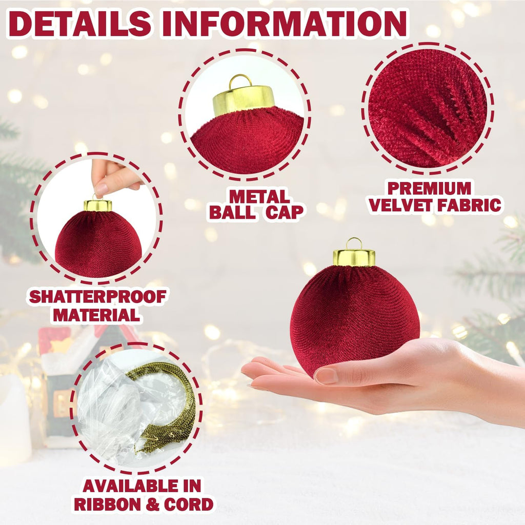 Regine Switzerland Dark Red Velvet Christmas Tree Ornaments - 15 PCS Shatterproof 3.15 Inch Baubles