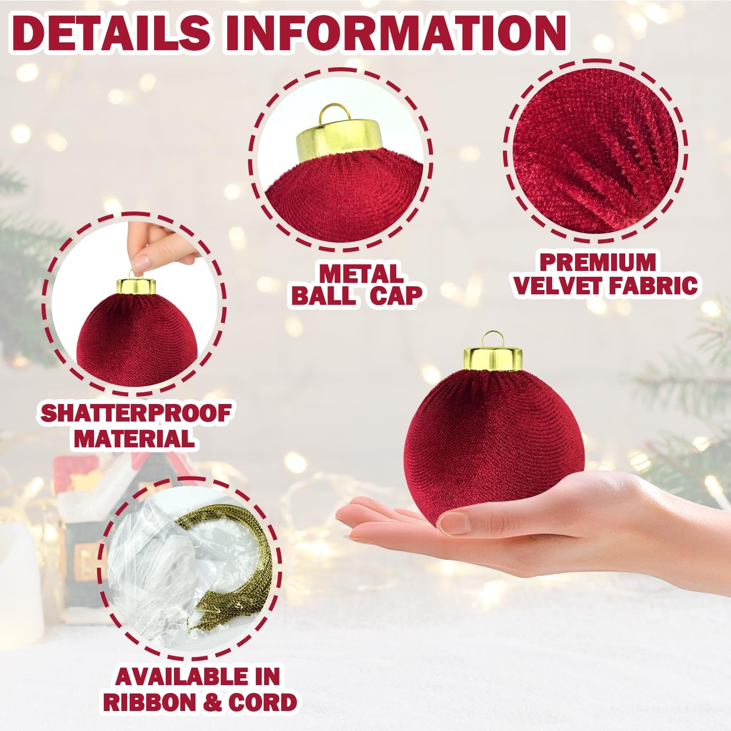 Regine Switzerland Dark Red Velvet Christmas Tree Ornaments - 15 PCS Shatterproof 3.15 Inch Baubles