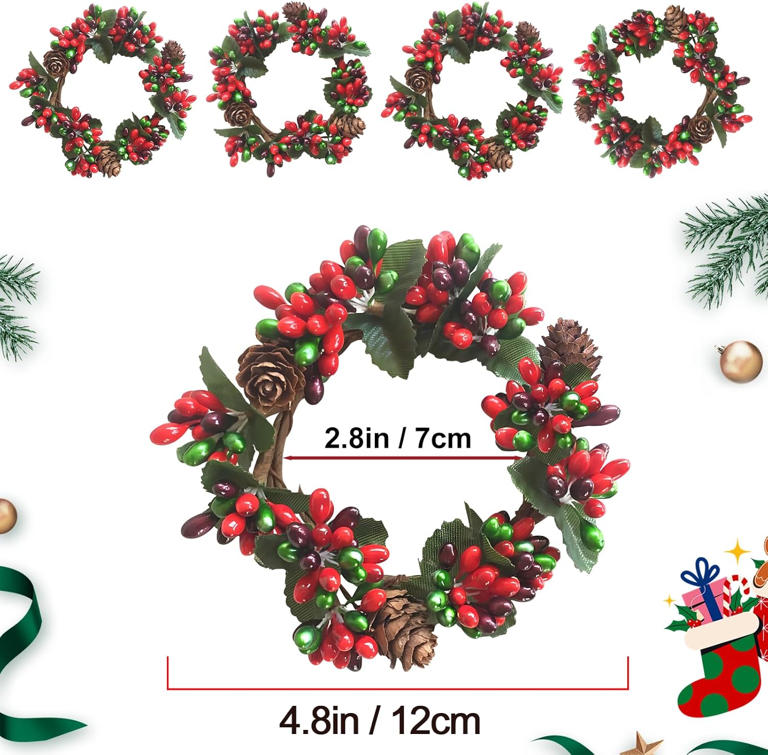 Skiennix Mini Christmas Candle Rings - Red Berry Pinecone Wreaths for Tea Lights | Perfect for Home Decor