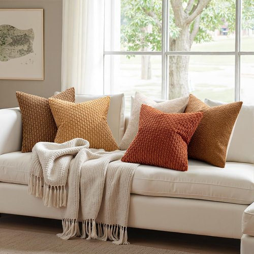 MIULEE Throw Pillow Covers - Soft Corduroy Boho Striped Decorative Set of 2 | 18x18 Inch Rust for Couch & Sofa