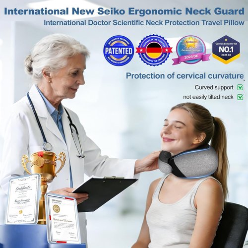 Memory Foam Travel Neck Pillow - Ergonomic 360° Head Support | Includes Eye Mask & Ear Plugs | Portable Gray Pillow for Flights & Cars