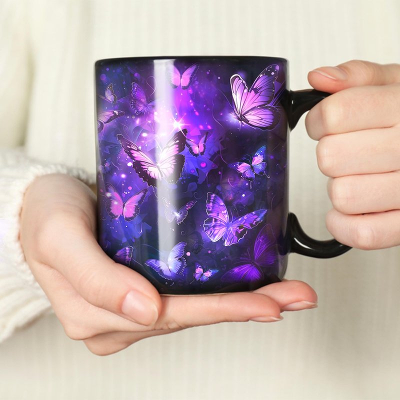 Hyturtle Butterfly Mug Set with Spoon & Keychain Gifts for Women, Mothers Day, Birthday Gifts For Mom, Daughter, Sister, Purple Night Butterflies Mug Set, Unique Gift Ideas 11oz Black Ceramic Tea Cup