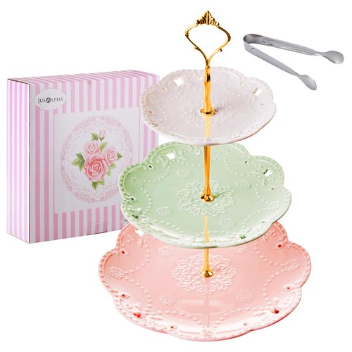 Jusalpha 3-Tier Multi Color Ceramic Serving Stand,Cake Stand-Dessert Stand-Cupcake Stand-Tea Party Serving Platter (3 Color-Gold)