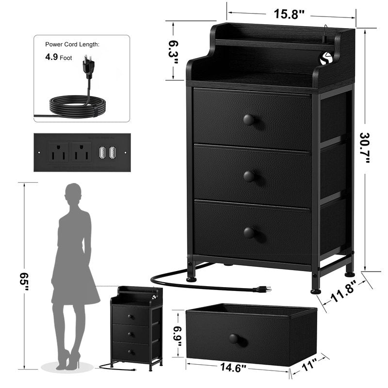REAHOME Nightstand with Charging Station, Tall White Night Stand with 3 Drawers and 2-Tier Shelf, Bedside Table with Sturdy Steel Frame Wood Top for Bedroom, Living Room, Hallway-Black