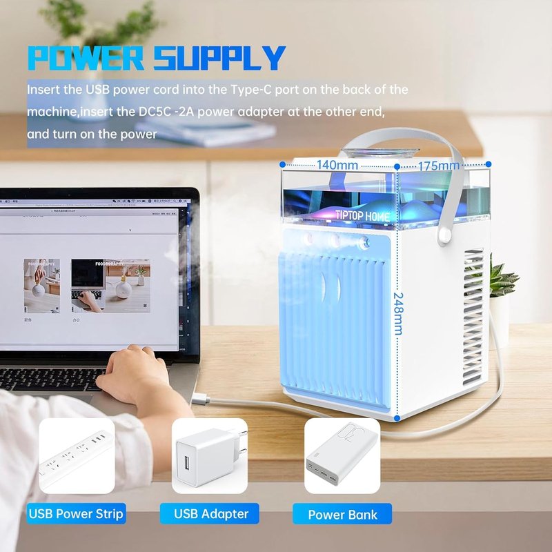 Portable Air Conditioners, 4-IN-1 Evaporative Air Cooler with App Control, 800ml Water Tank, Rechargeable Mini Air Conditioner, 3 Speeds & 3 Mist, Colorful Night Light Cooling Fan