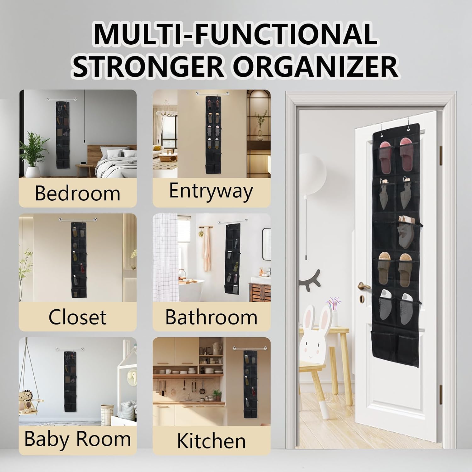 Over The Door Shoe Organizer - 12 Mesh Pockets With 4 Metal Hooks | Space-Saving Black Design