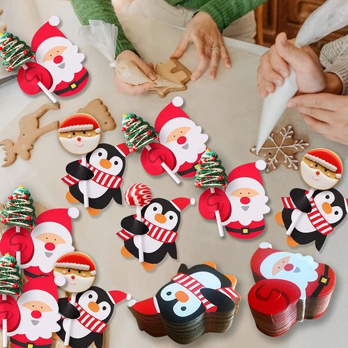 Christmas Lollipop Cards Santa Claus and Penguin Candy Holder, Sugar-Loaf Candy Gift Package Wrapping, Xmas Wedding Birthday Party Decorations, Candy Party Favors Greeting Cards for Kids (100PCS)