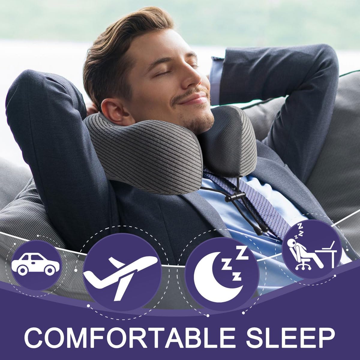 Napfun Neck Pillow - Memory Foam Travel Pillow with Pouch, Sleep Mask & Earplugs | Dark Gray Striped Kit