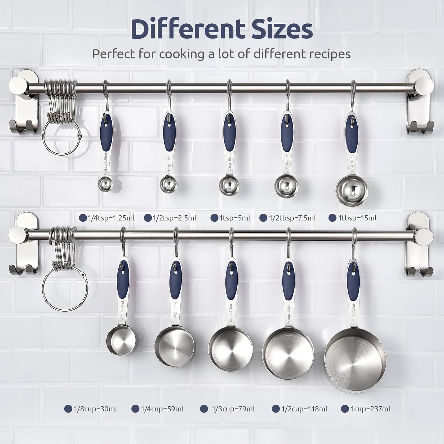 U-Taste Measuring Cups and Spoons Set - Food Grade 18/8 Stainless Steel | 10-Piece Set with Upgraded Handle (Midnight Blue)