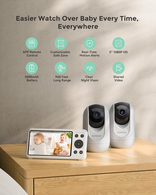 Momcozy BM04 Smart WiFi Baby Monitor - 2 Cameras, 5" 1080P Split Screen, Night Vision & 2-Way Audio