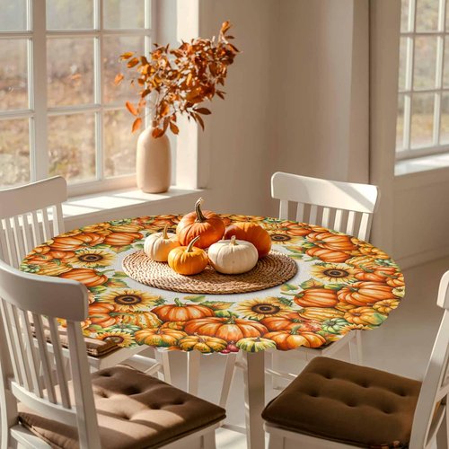 Round Fitted Tablecloth Elastic Edged Table Cover,Thanksgiving Fall Seamless Pumpkin Waterproof Wipeable Table Cloths for Kitchen Dining Party Fit up 55-60in Tables,Watercolor Maple Leaves on Burlap