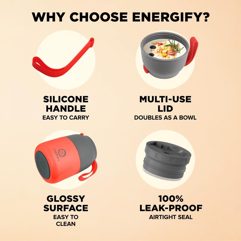 ENERGIFY Vacuum Insulated Food Jar. Large 12oz Bowl incl. Folding Spoon, Cup. Wide Mouth Keep Hot & Cold Drinks Soup Lunch Container for Adults. BPA-Free Stainless Steel, Leak Proof Fusion Coral