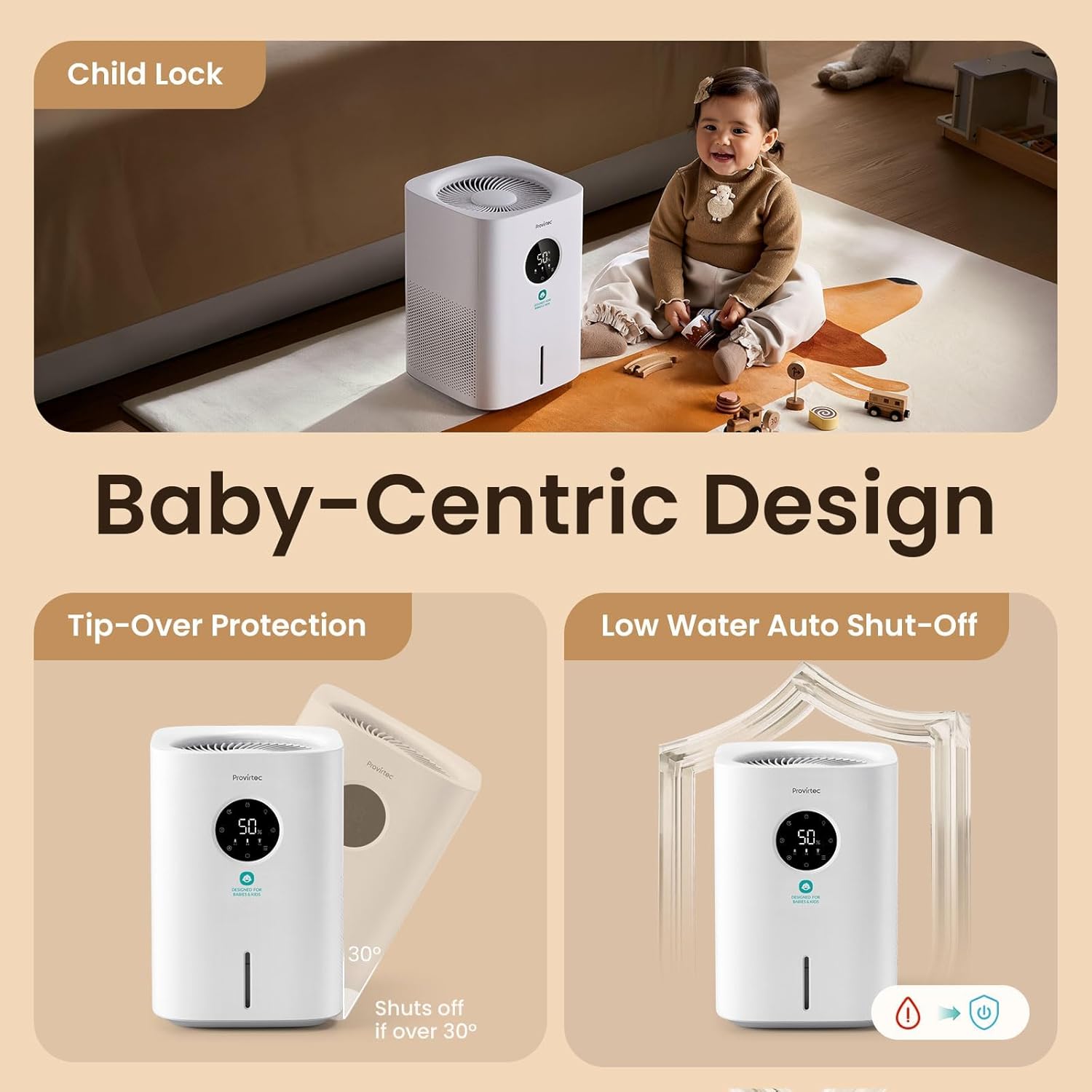 Provirtec Pro Baby Humidifier - Mist-Free, BPA-Free & Quiet 16dB | 4L Easy Clean Tank for Nursery