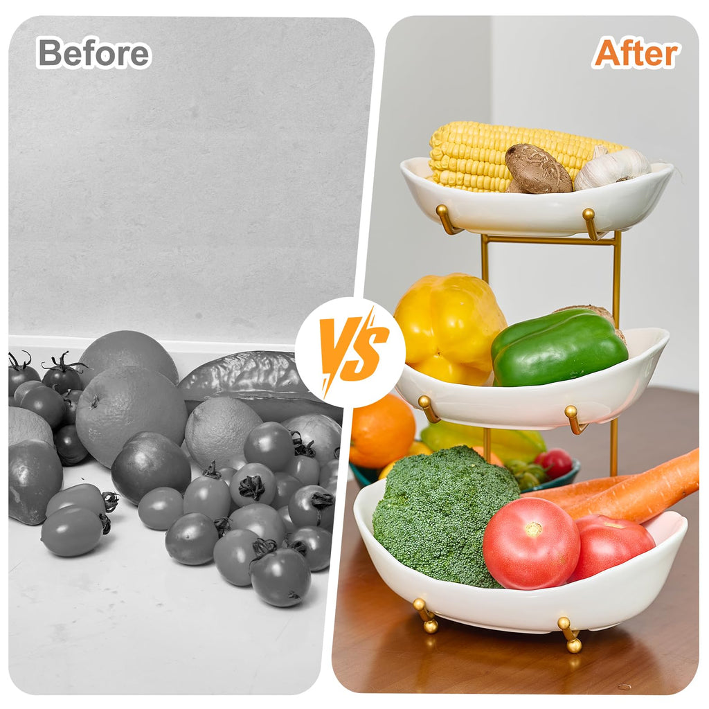 Lifevc Fruit Bowl for Kitchen Counter,3 Tier Fruit Holder with Gold Metal Stand, Tiered Fruit Basket for Fruit Vegetable Storage, Snack, Nuts, Cake, Dessert (White)