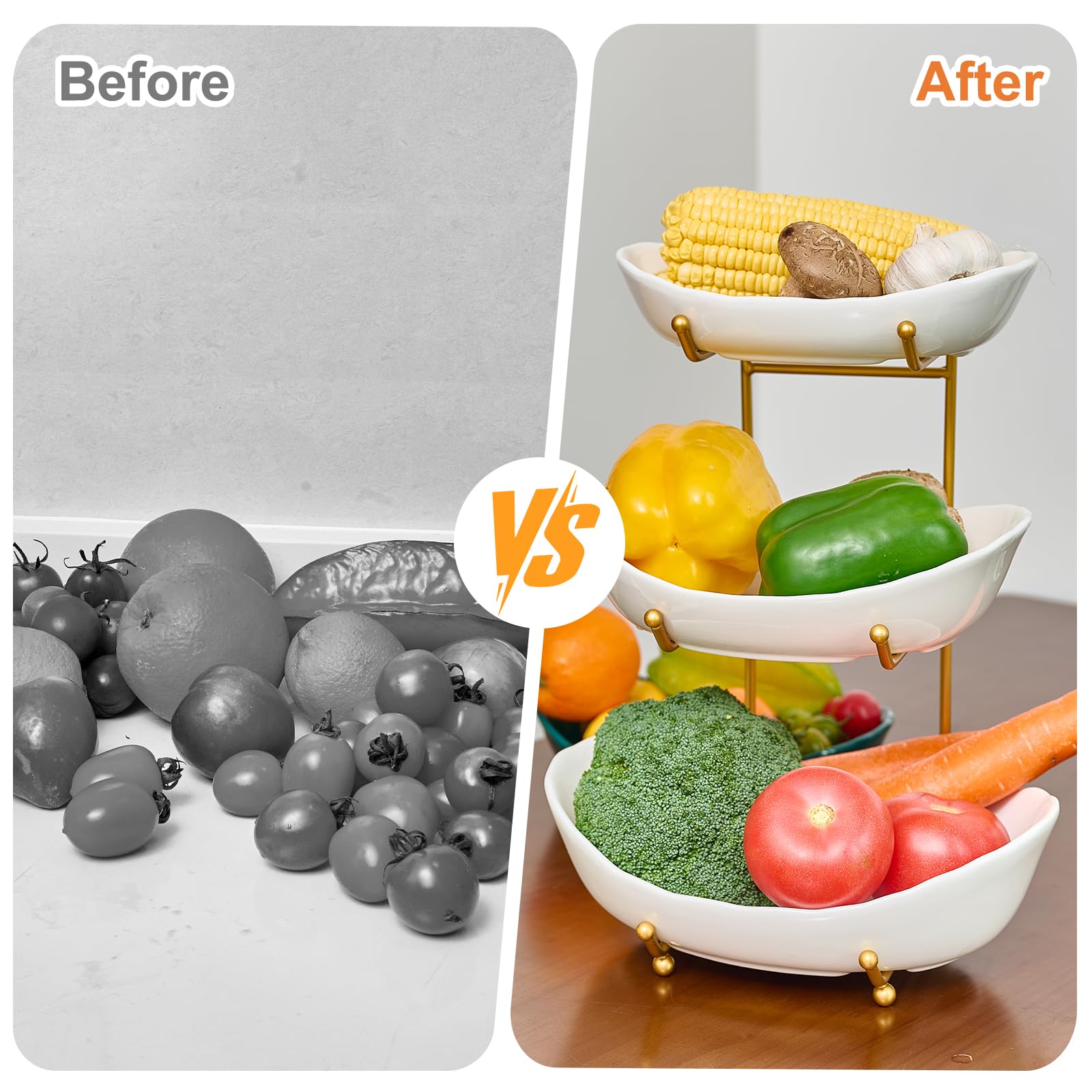 Lifevc Fruit Bowl for Kitchen Counter,3 Tier Fruit Holder with Gold Metal Stand, Tiered Fruit Basket for Fruit Vegetable Storage, Snack, Nuts, Cake, Dessert (White)