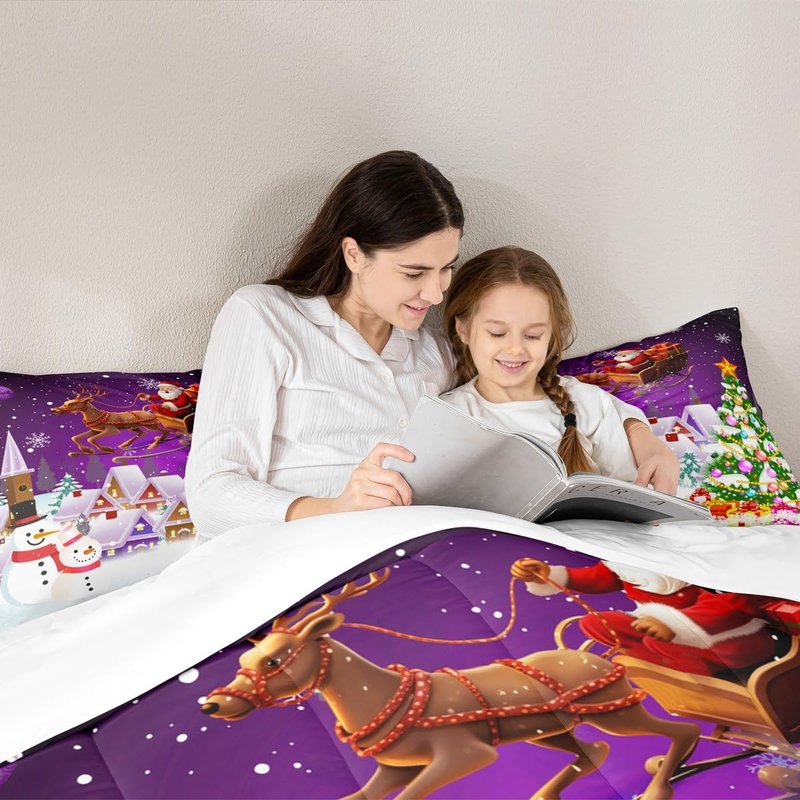 Manfei Xmas Comforter Set King Size, Snowman Christmas Tree Bedding Set 3pcs for Kids Boys Girls Room Decor, Santa Claus with Reindeer Quilt Set New Year Theme Duvet Set with 2 Pillowcases