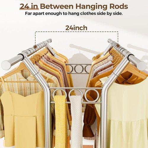 HYSEYY Heavy Duty Clothes Rack - Rolling Double Rod Garment Rack with Shelves | Adjustable & Portable, 620 LBS Capacity