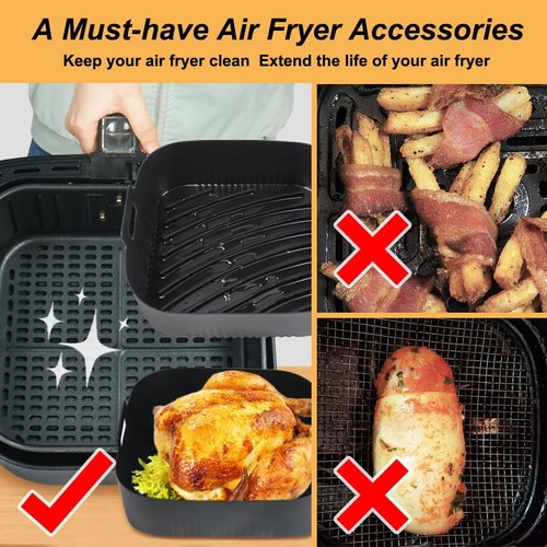 BYKITCHEN 9-Inch Square Silicone Air Fryer Liners - Reusable Tray Inserts for 6 to 8QT Air Fryers | Set of 2
