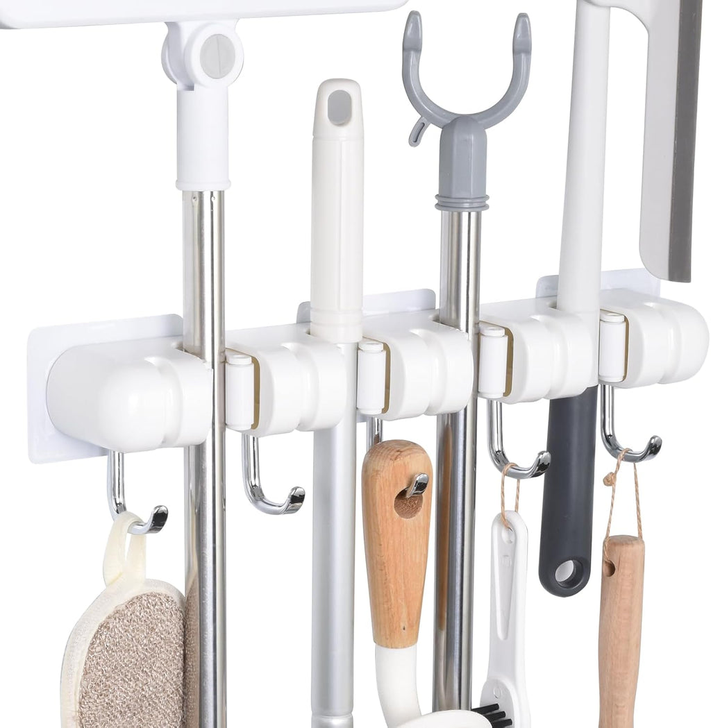 OTraki Broom Holder Wall Mount - No Drill Mop Organizer with 4 Slots & 5 Hooks | Ideal for Garage & Kitchen Storage