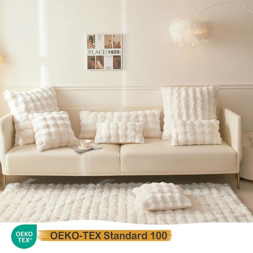 LIFEREVO Fluffy Faux Rabbit Fur Long Lumbar Decorative Throw Pillow Cover, Plush Shaggy 14x36 Bubble Waffle Cushion Pillow Sham with Zipper, Furry Fuzzy Pillowcase for Home Bed Couch Sofa, Beige