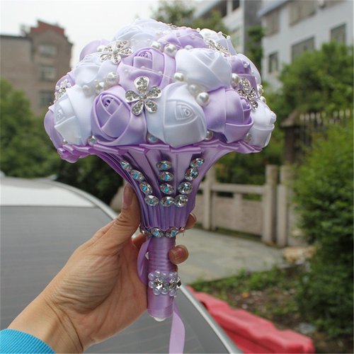 S_SSOY Wedding Bouquet Bride Bridal Brooch Bouquets Bridesmaid Bouquet Diamond Pearl Ribbon Valentine's Day Confession Party Church with Free Corsage Flower, Purple+White