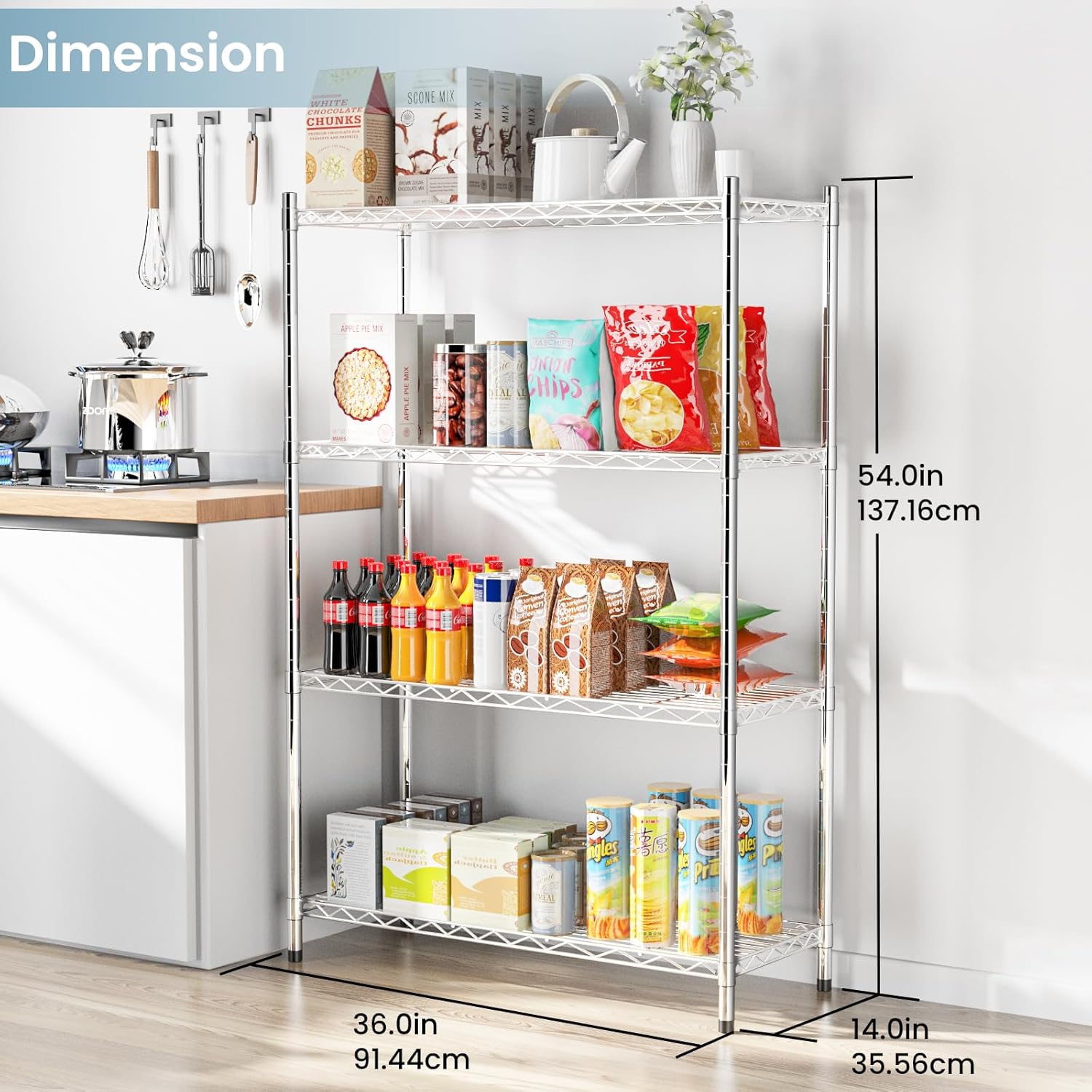 Whitmor 4 Tier Supreme Shelves - Adjustable Metal Storage Solution | Heavy-Duty, 400 lbs Capacity per Shelf, Chrome 36"L x 14"W x 54"H