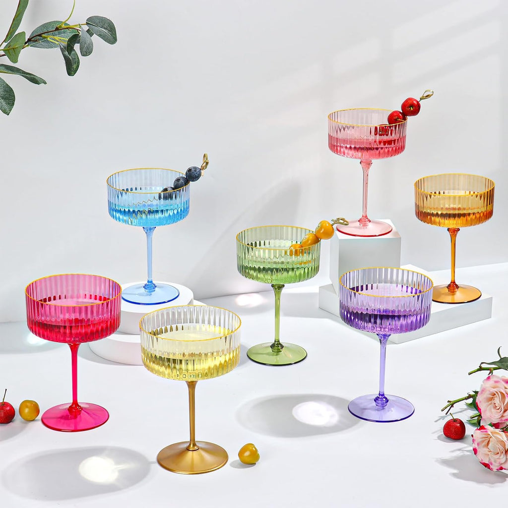 Skiennix 12 PCS Pink Ribbed Coupe Glasses - 10oz Vintage Cocktail Cups with Detachable Gold Rim