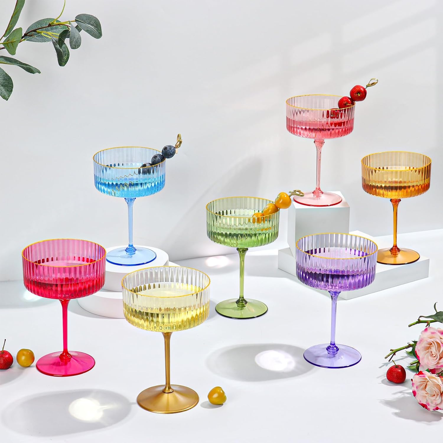 Skiennix 12 PCS Pink Ribbed Coupe Glasses - 10oz Vintage Cocktail Cups with Detachable Gold Rim