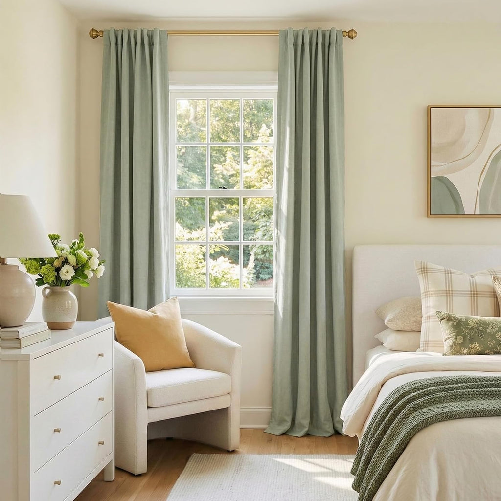 Skiennix 100% Blackout Linen Curtains - Thermal Insulated Drapes, 50" W x 96" L, Sage Green | 2 Panels Set