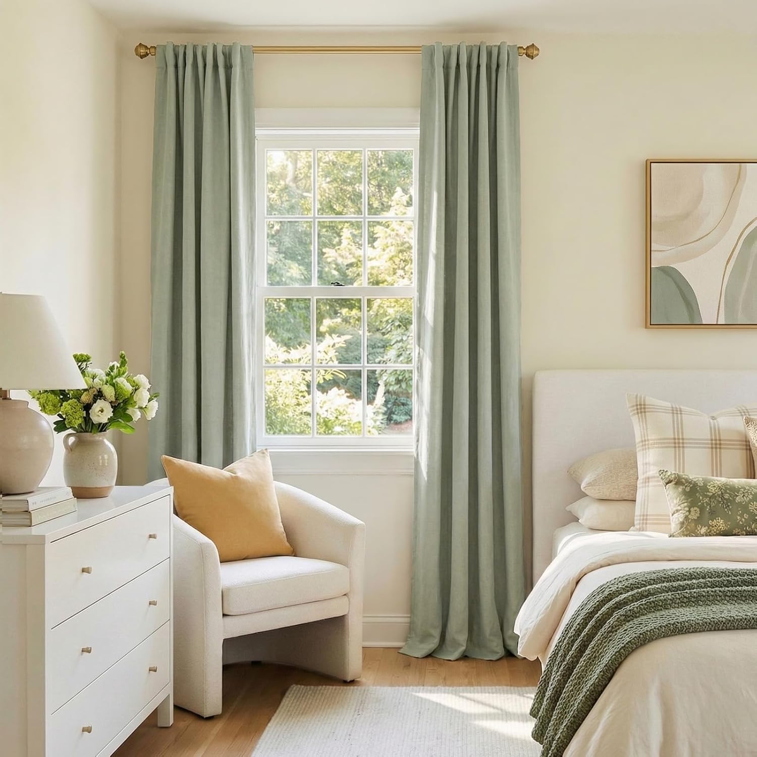 Skiennix 100% Blackout Linen Curtains - Thermal Insulated Drapes, 50" W x 96" L, Sage Green | 2 Panels Set