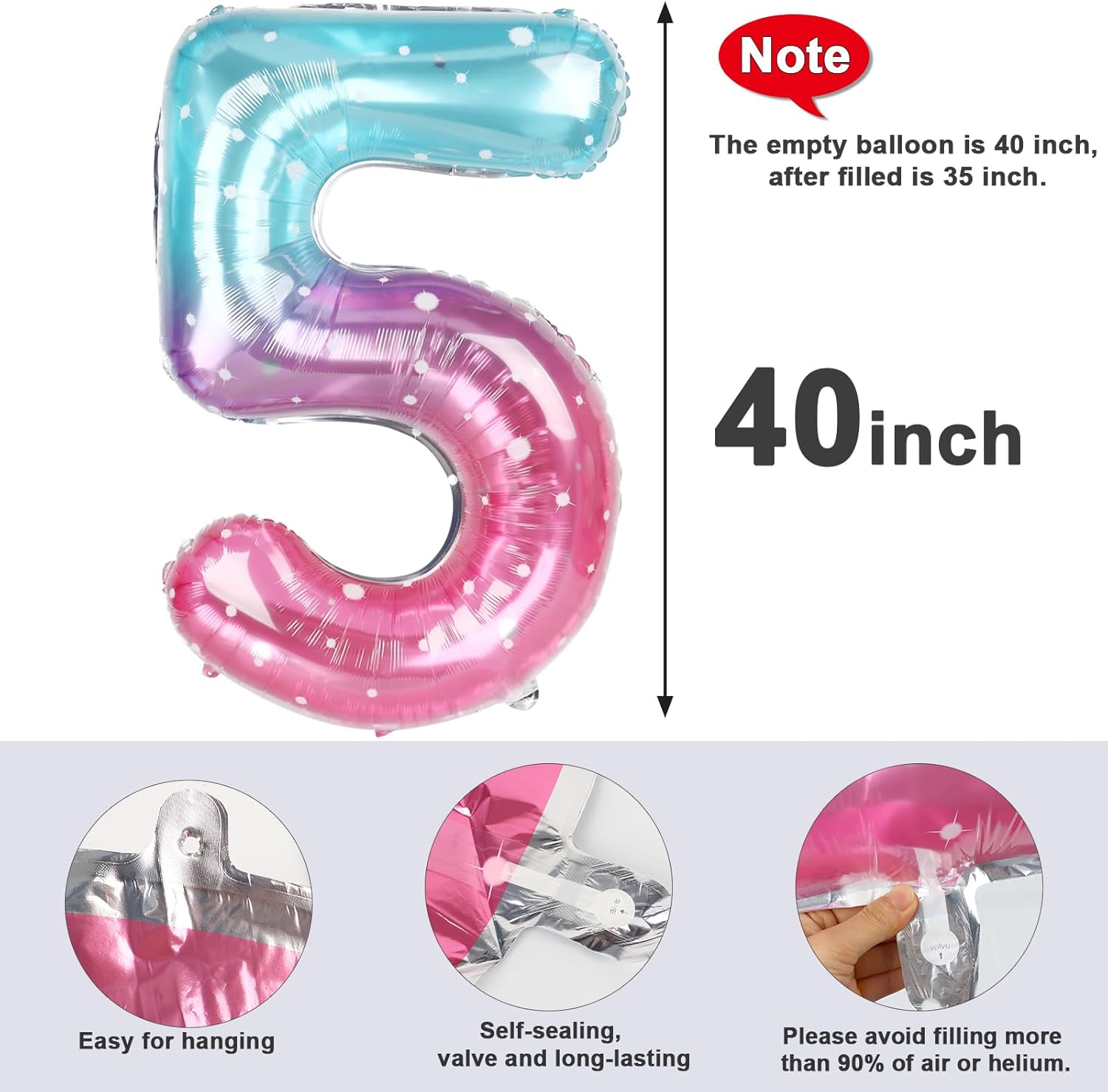 Skiennix 40-Inch Balloon Numbers - Big Pink, Purple & Blue Balloons for 5th Birthday & Wedding Decor
