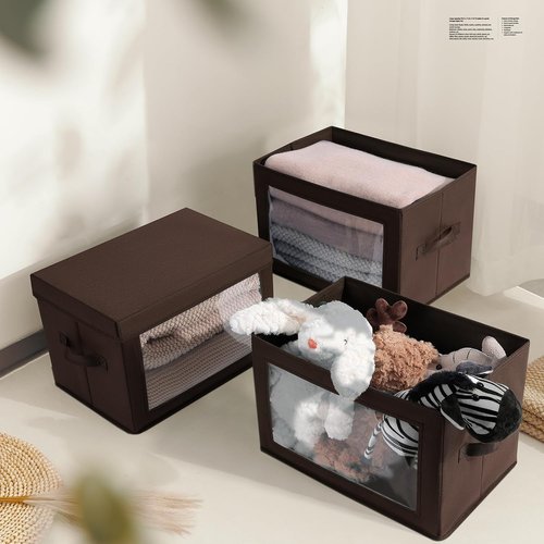 Homsorout Foldable Storage Boxes - Clear Window Fabric Organizers for Clothes | Brown, 3 Pack