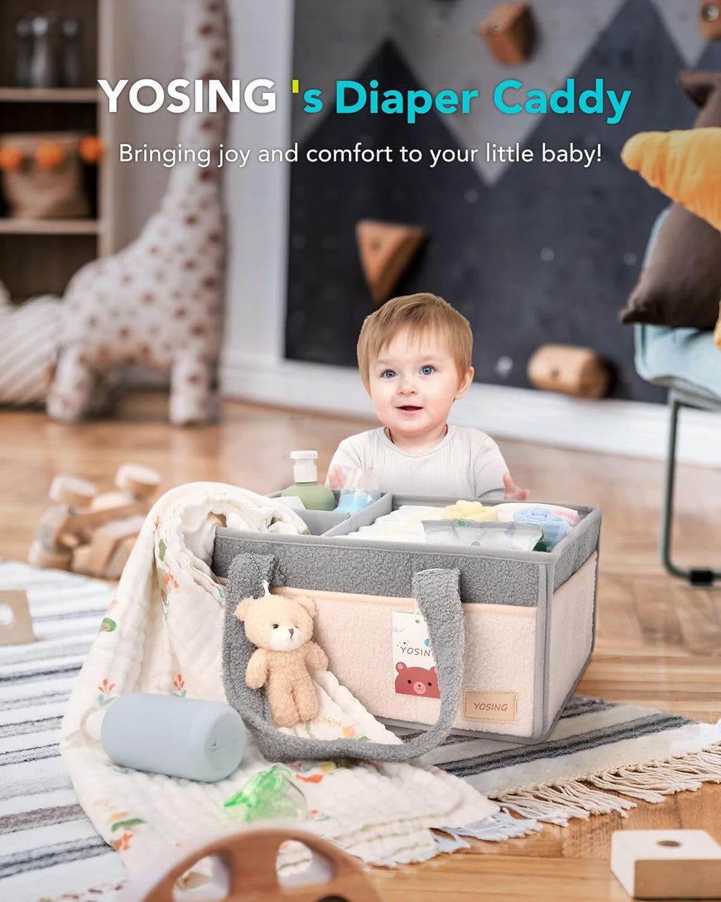 YOSING Diaper Caddy Organizer - Stylish Gray & White Nursery Storage for Baby Wipes & Diapers