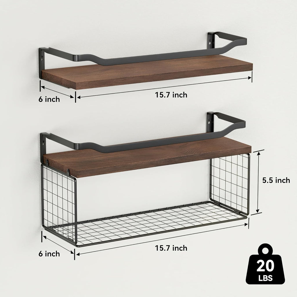 WOPITUES Floating Shelves - Wood Wall Storage with Wire Basket & Metal Guardrail | Dark Brown