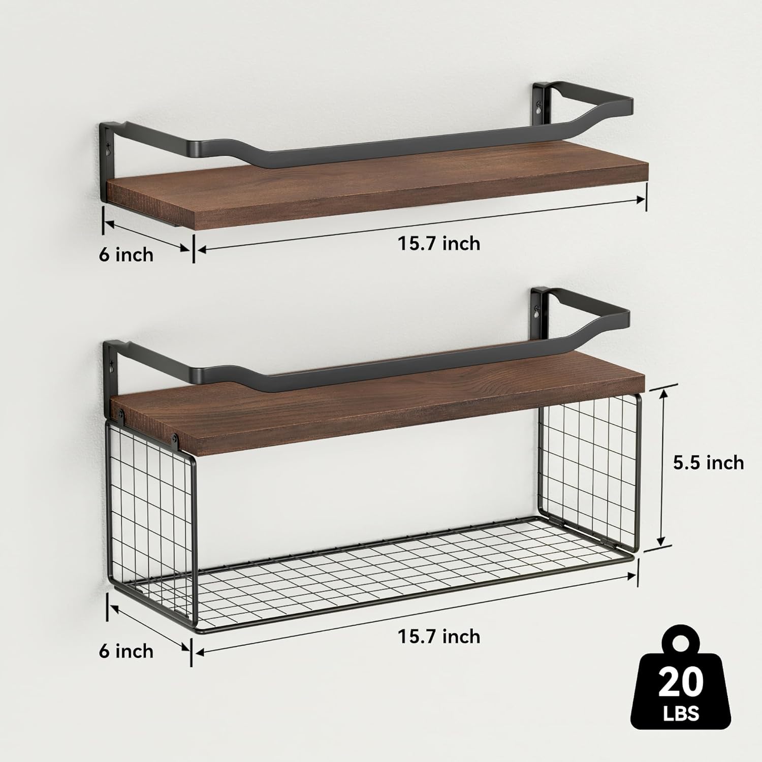WOPITUES Floating Shelves - Wood Wall Storage with Wire Basket & Metal Guardrail | Dark Brown