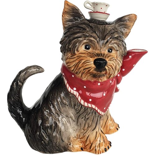 Blue Sky Clayworks Ruby Yorkshire Terrier Puppy Dog Figural Ceramic Teapot, 8.5 in Length, Yorkie Tea-Time Charm