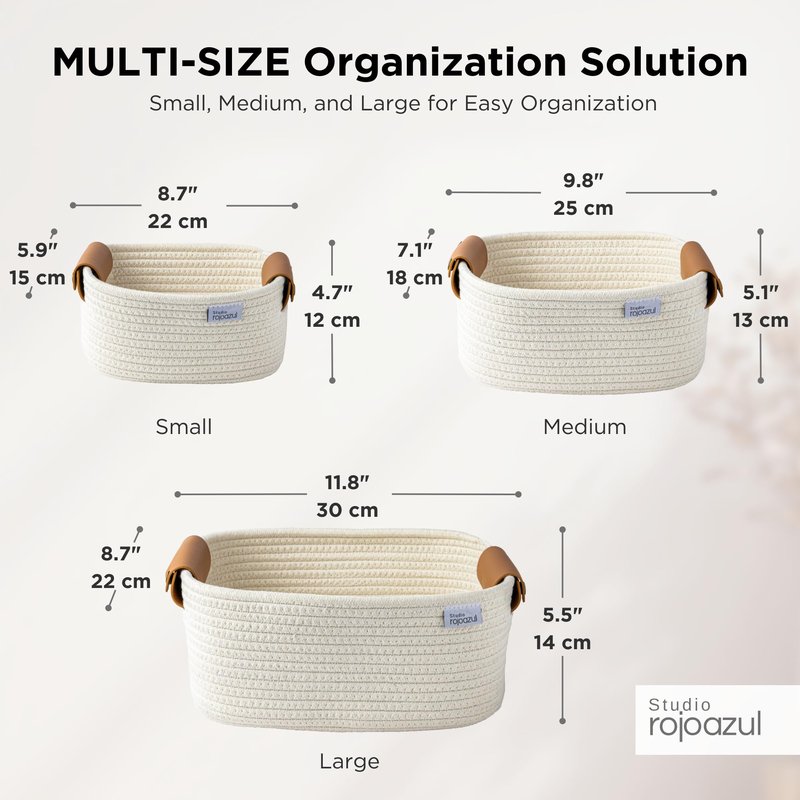 Rope Storage Basket with Leather Handles - Stylish Nursery Storage Bins - Multipurpose Woven Rope Basket - Durable Cotton Organizer - Perfect Gifts for Kids' Room - Small Woven Basket - 3 Sizes