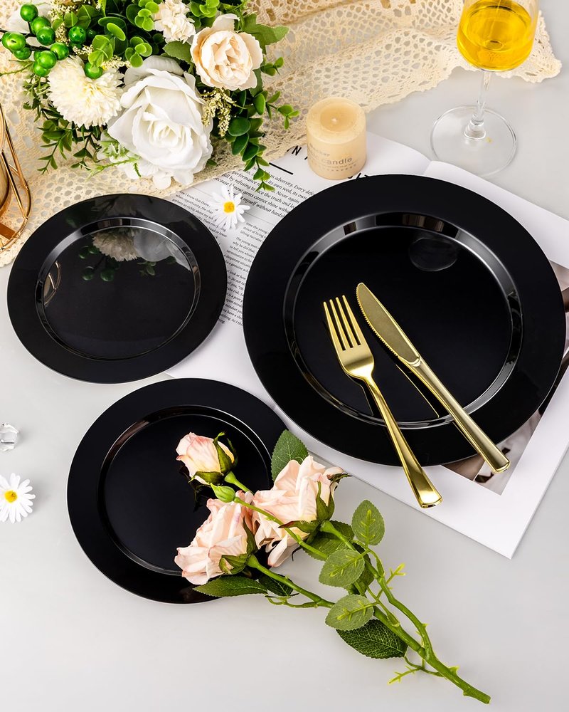 BESTVIP 200PCS Black Plastic Plates, Disposable Party Plates with 100 Dinner Plates and 100 Dessert Plates, Plastic Plates for Party, Wedding, Birthday (Black, 200PCS)