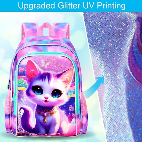 TXHVO 3Pcs Cat Backpack for School, 16" Girls Bookbag with Lunch Box, Kids Backpacks Set for Elementary Preschool Kindergarten(Pink)
