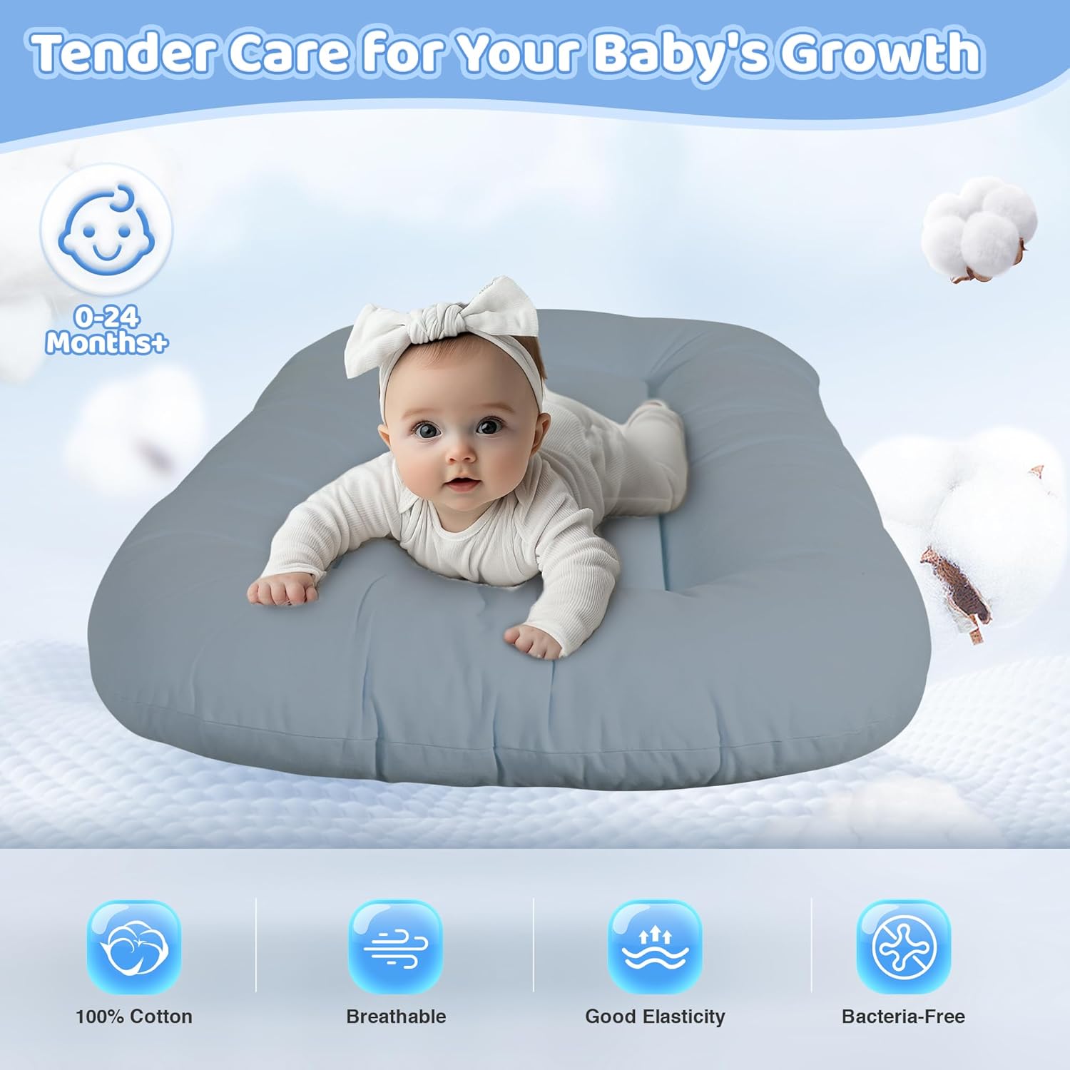 Skiennix Infant Support Cushion - Portable Tummy Time Mat for Newborns 0-24 Months | Soft Cotton, Brown