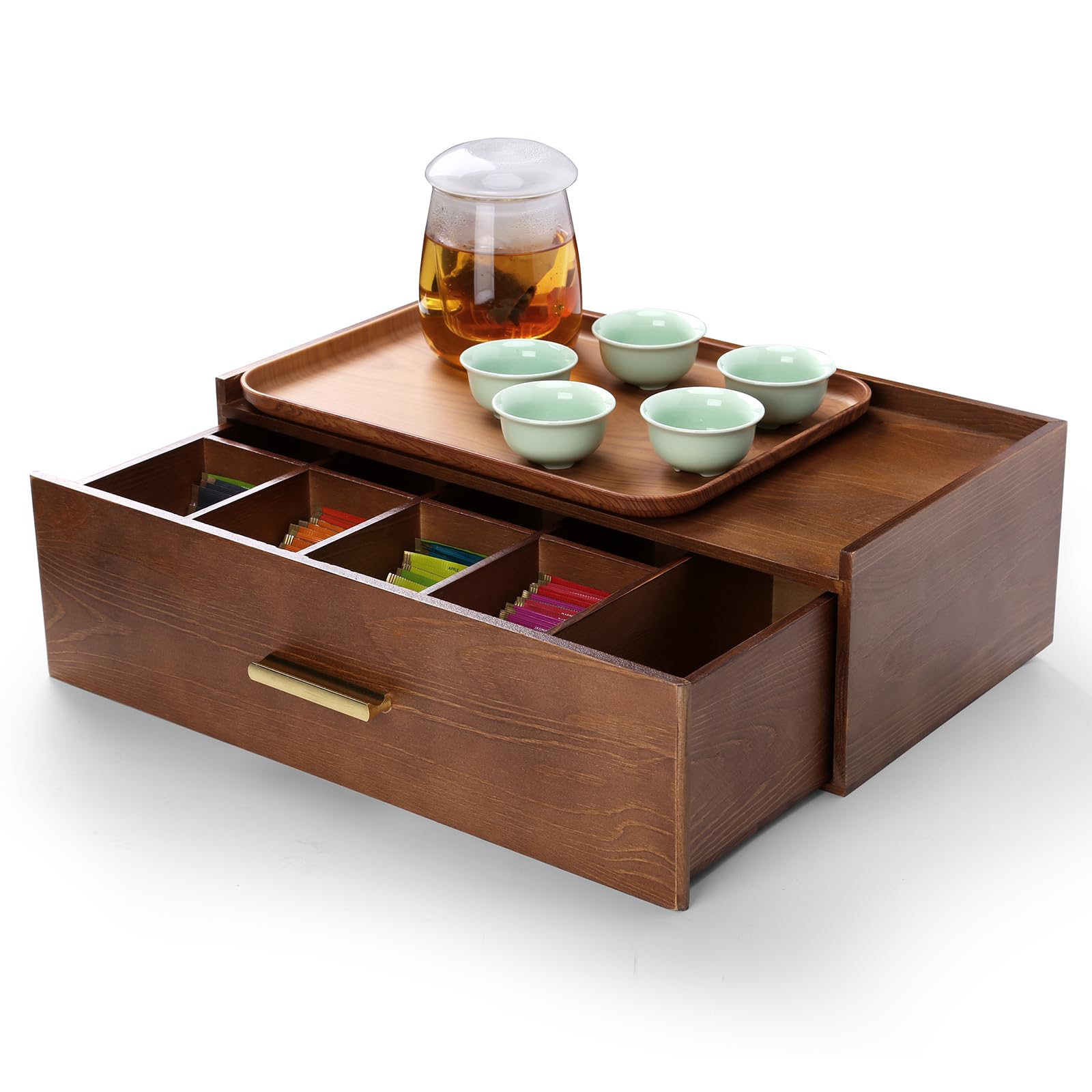 Five beautiful tea cups and tea trays are given as gifts. Tea bag organizer storage box, wood tea bag organizer, tea bag holder with drawer. (Small fish teacup set)