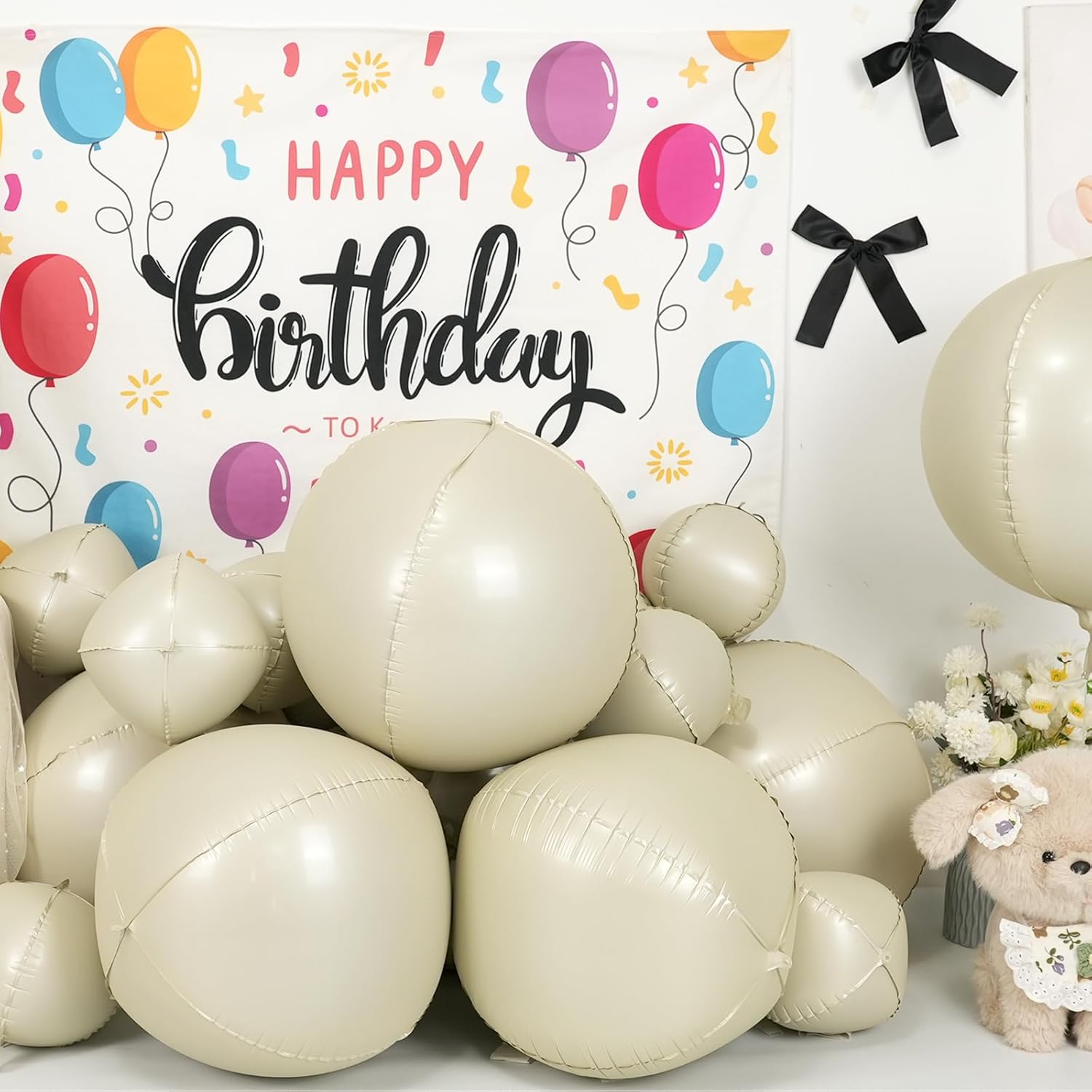 Skiennix 12Pcs Round Foil Balloons - Cream White & Beige Mylar for Birthday & Wedding Decor | 22" & 10" Sizes