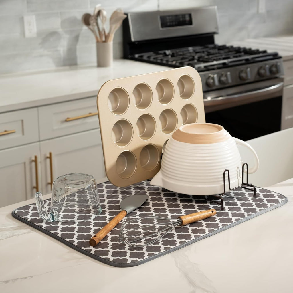 S&T INC. XL Dish Drying Mat - Absorbent Microfiber Kitchen Counter Pad | 18” x 24”, Pewter Grey Trellis