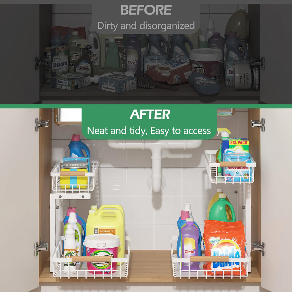 ADRIMER Under Sink Organizer 2 Packs, Pull Out Kitchen Sink Organizer, 2 Tier Slide Out Kitchen Organizers and Storage Bathroom Under Cabinet Storage Shelf, White